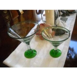 His and Hers Margarita Martini Glasses Hand Blown Glass Green Trim
